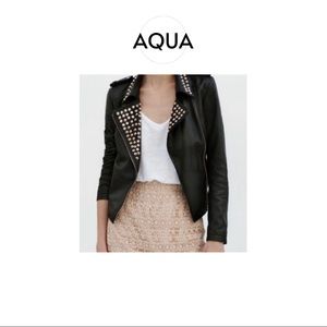 Aqua | Black Leather Moto Jacket with Gold Studs